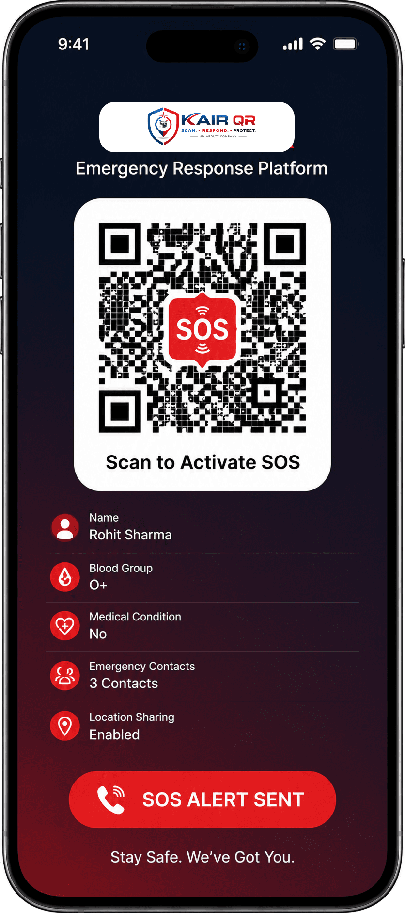 KAIR QR emergency response app showing a scannable SOS QR code, blood group, medical condition, and emergency contacts